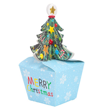 Cutie cadou mică cu brad 3D și mesaj Merry Christmas– bleu (set 50 buc)